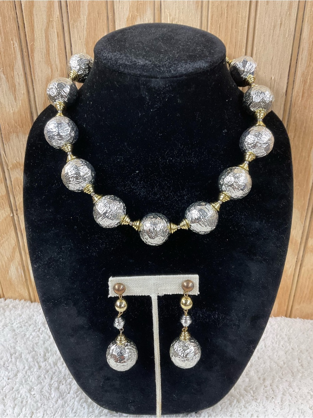 Elegant Silver-Tone Ball Necklace & Drop Earrings Set - Gold Accents